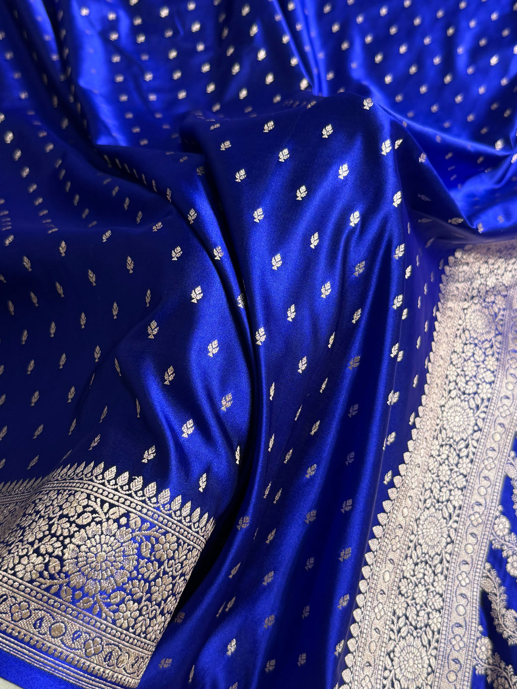 Banarasi Mashru Satin Silk Saree Booti Pattern Royal Blue Shades MSK18