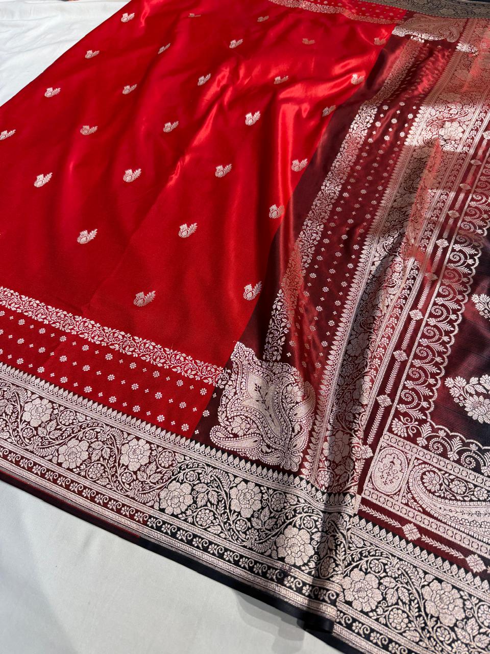 Banarasi Satin Katan Silk Saree Minakari Boota Pattern in Red with Black Shades SK09