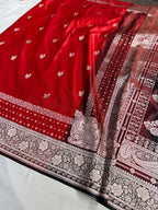 Banarasi Satin Katan Silk Saree Minakari Boota Pattern in Red with Black Shades SK09