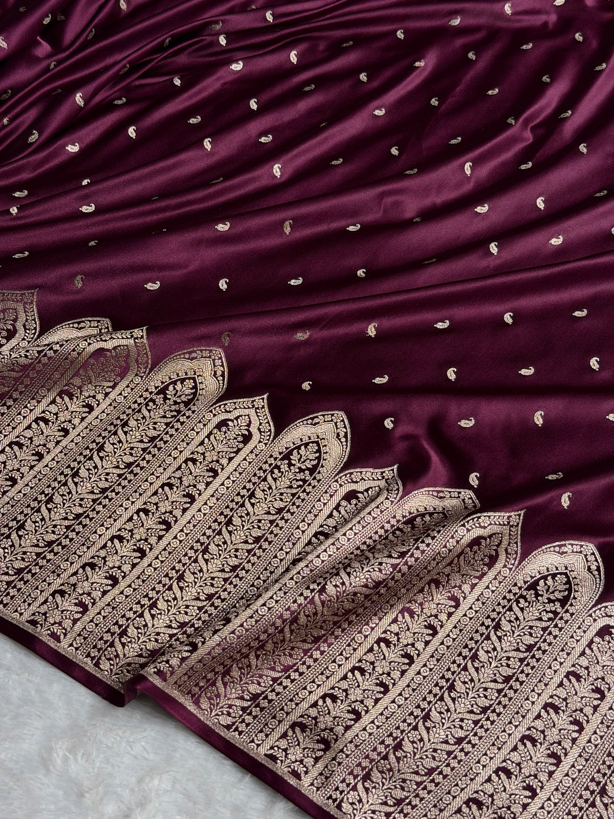 Banarasi Mashru Satin Silk Saree with Scallop Pattern In Deep Wine Shades MSC02