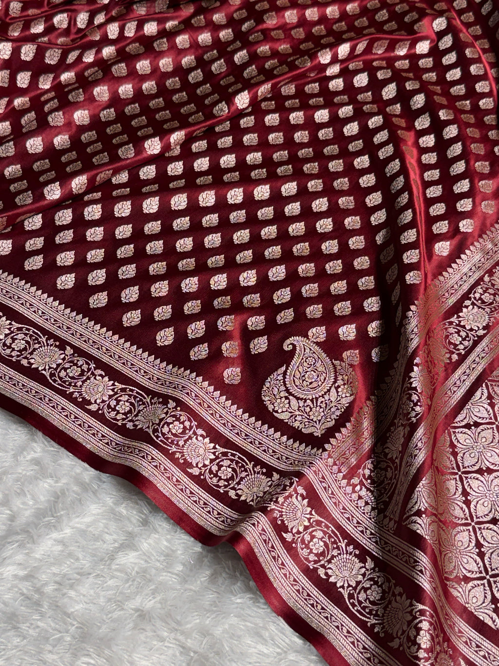 Banarasi Mashru Satin Silk Saree Booti Pattern Garnet Shades MSK16