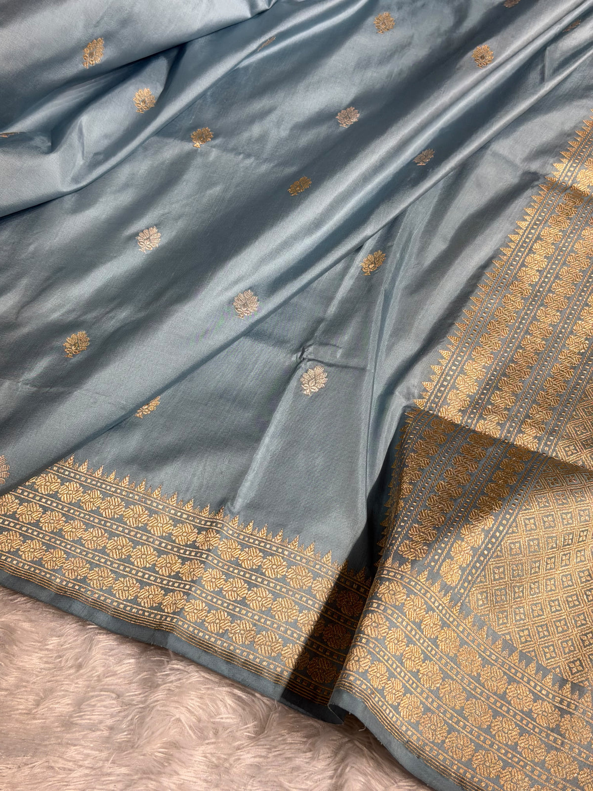 Banarasi Pure Katan Silk Saree Handwoven Kaduwa Boota Pattern with Minakari work in Steel Blue Shades PKH12