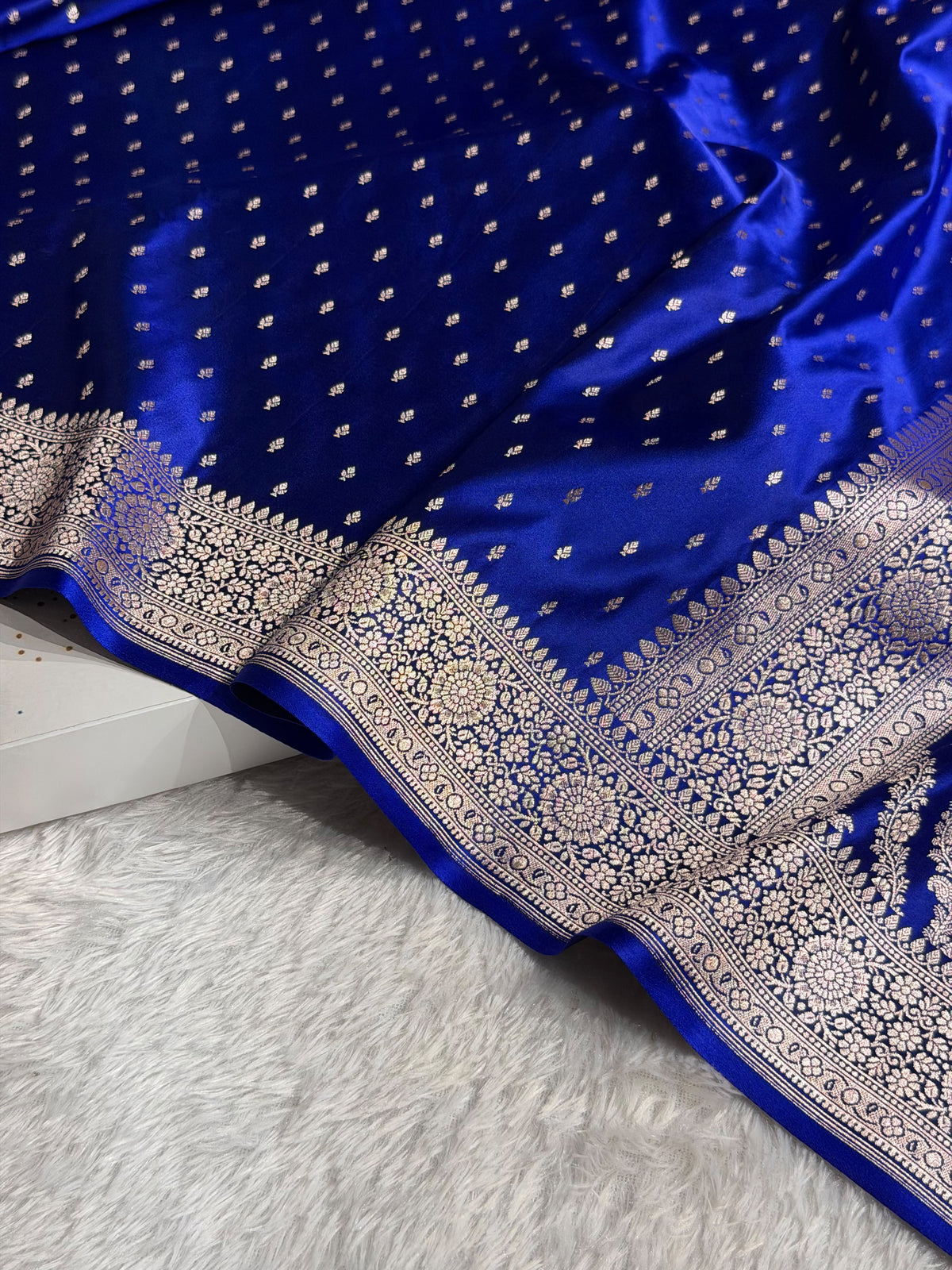 Banarasi Mashru Satin Silk Saree Booti Pattern Royal Blue Shades MSK18