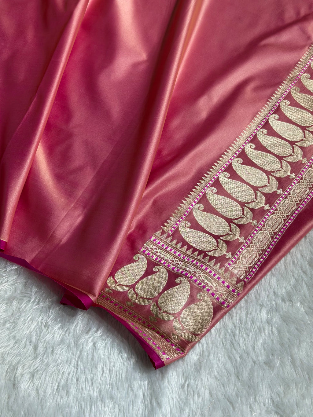 Banarasi Mashru Satin Silk Saree Minakari Booti Pattern Blush Peach Shades MSK29