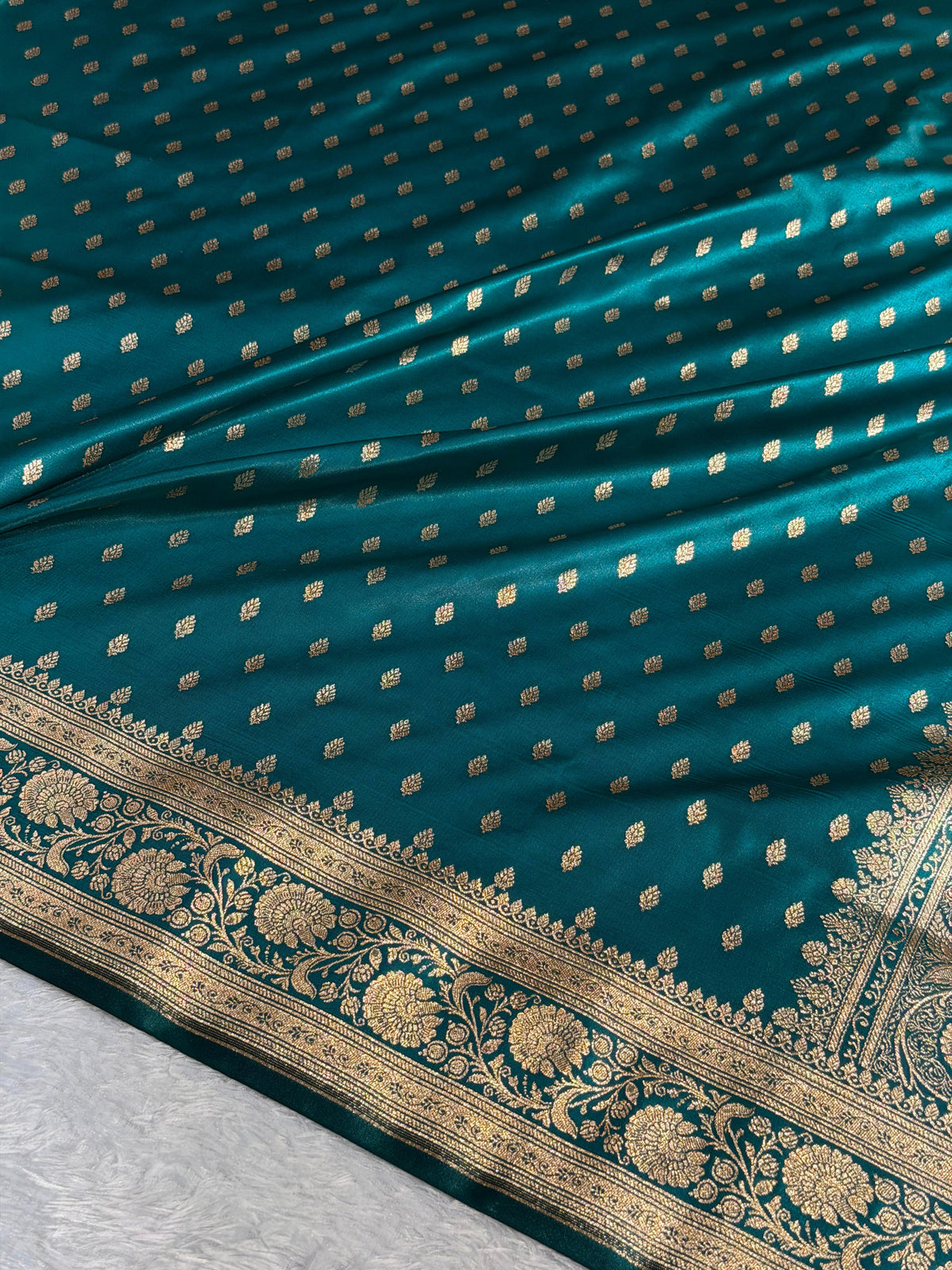 Banarasi Satin Silk Saree Booti Pattern in Deep Teal Shades SS03