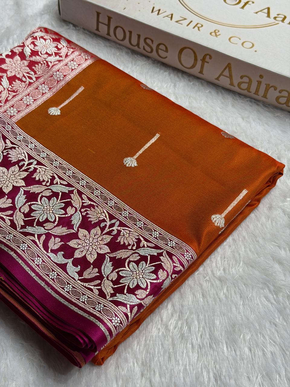 Banarasi Satin Katan Silk Saree Minakari Boota Pattern in Orange with Rani Shades SK08