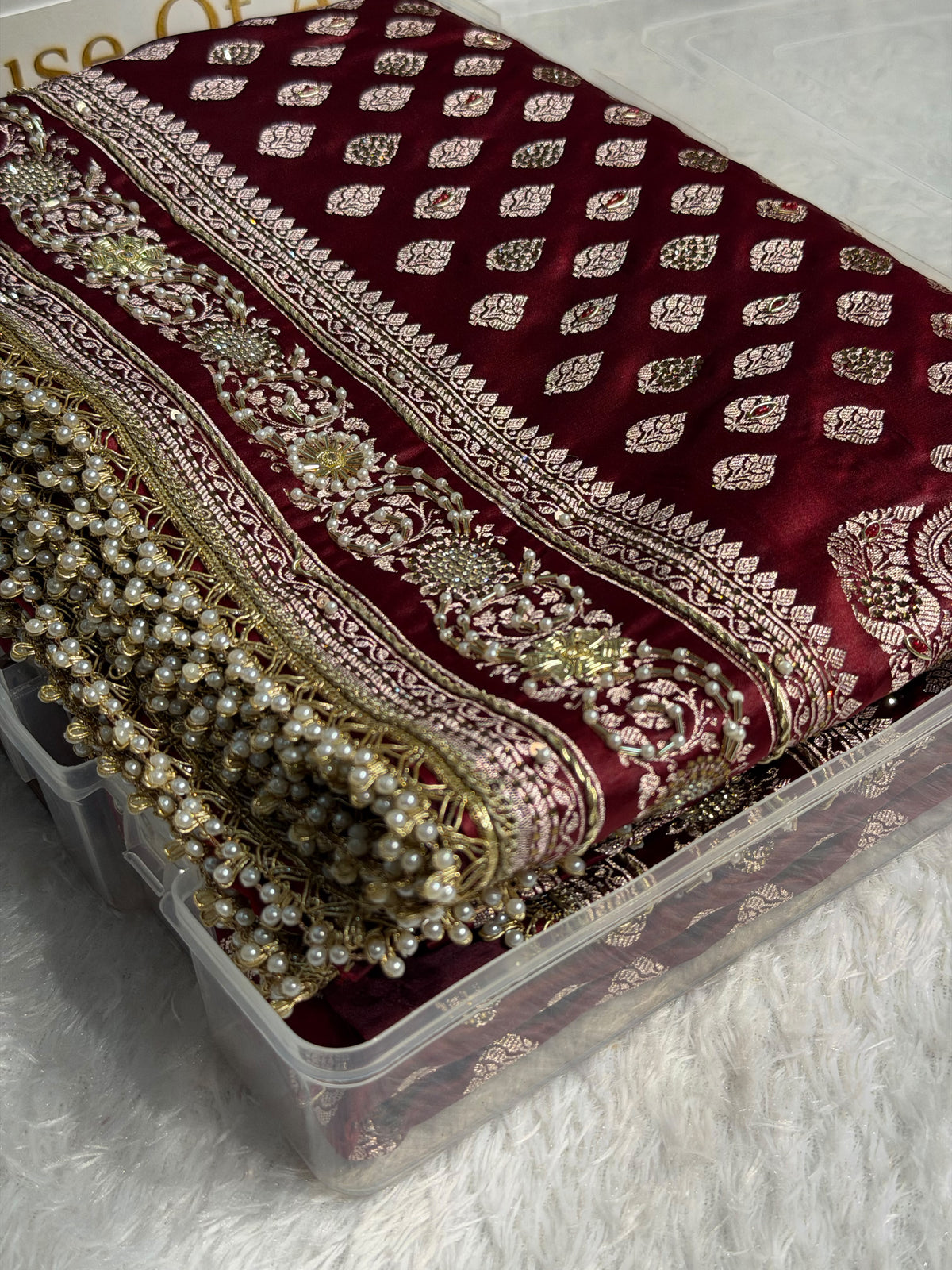 Bridal Banarasi Mashru Satin Silk Saree with Ari Pearl Work & Gotta Patti Work Booti Pattern in Chocolate Shades BMSKGP09