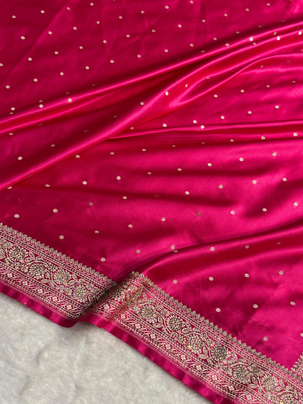 Banarasi Mashru Satin Silk Saree Tanchoi Pattern in Swarovski Work in Rani Shades BMSC09