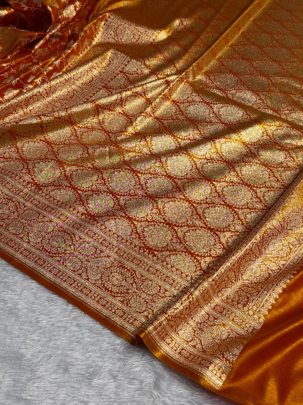 Banarasi Satin Silk Saree Jaal Pattern in Fire Gold Shades SS05