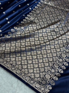 Banarasi Mashru Satin Silk Saree Booti Pattern Navy Blue Shades MSK14