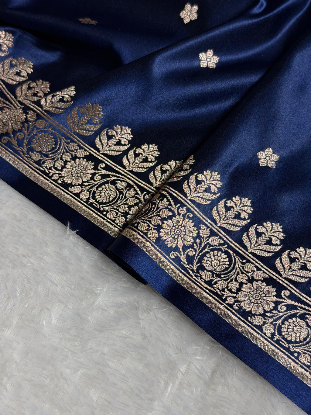 Banarasi Mashru Satin Silk Saree Booti Pattern Navy Blue Shades MSK14