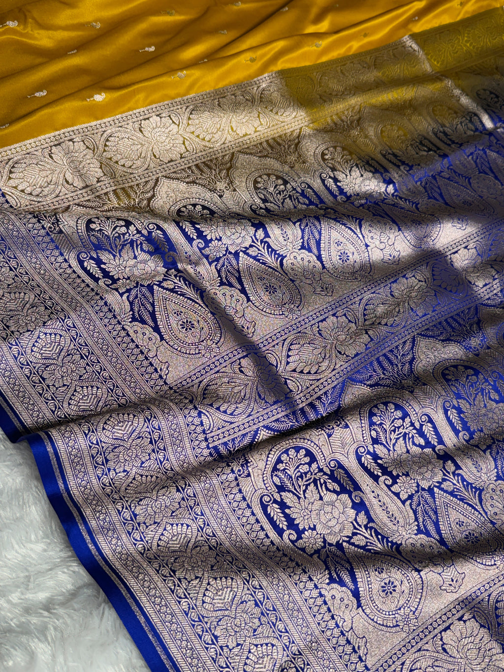 Banarasi Satin Katan Silk Saree Booti Pattern in Contrast Mustard with Royal Blue Shades SK14
