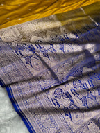 Banarasi Satin Katan Silk Saree Booti Pattern in Contrast Mustard with Royal Blue Shades SK14