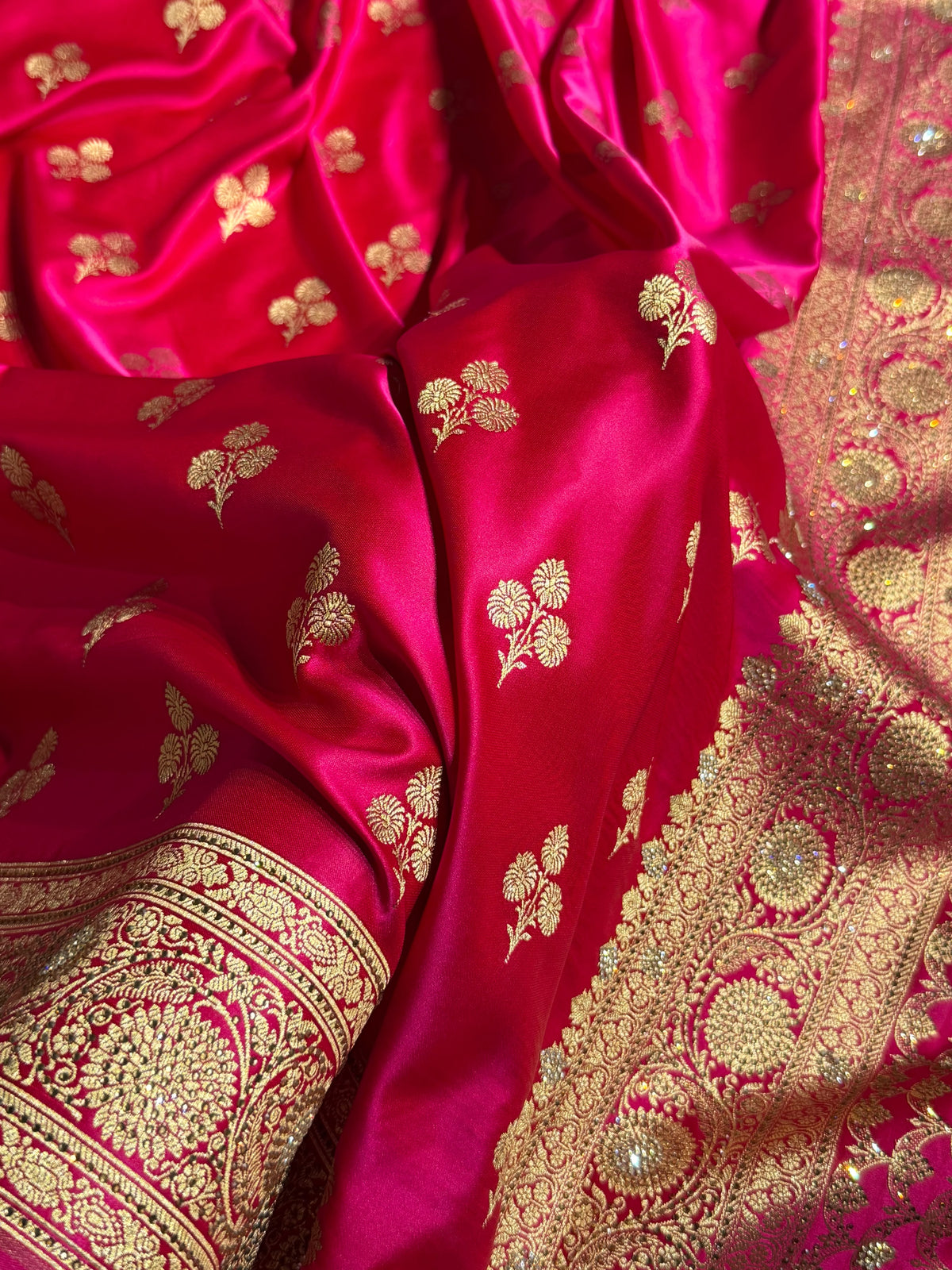 Bridal Banarasi Katan Satin Silk Saree Booti Pattern with Swarovski Work in Rani Pink Shades BSK02