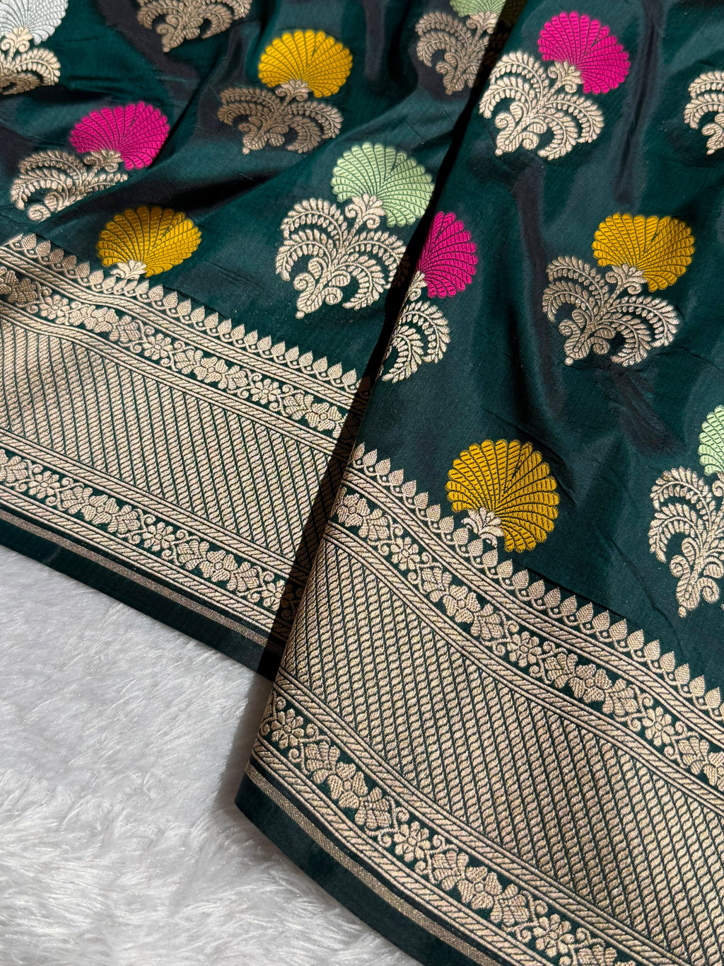 Banarasi Pure Katan Silk Saree with Minakari Boota Pattern in Dark Bottle Green Shades PKM09