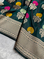 Banarasi Pure Katan Silk Saree with Minakari Boota Pattern in Dark Bottle Green Shades PKM09