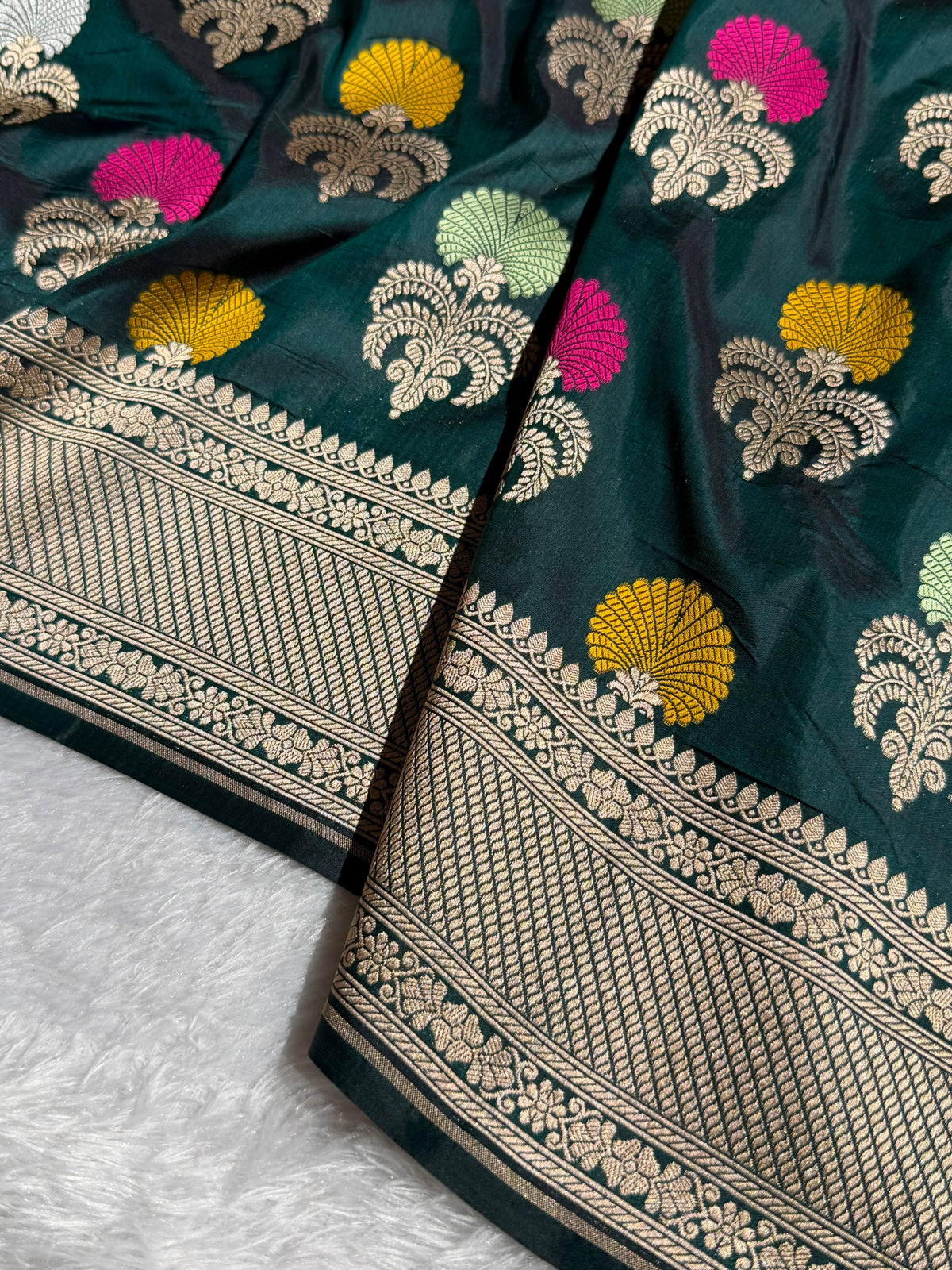 Banarasi Pure Katan Silk Saree with Minakari Boota Pattern in Dark Bottle Green Shades PKM09