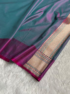 Banarasi Mashru Satin Silk Saree Tanchoi Pattern Contrast Sea Green with Rani Shades MSK34