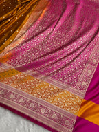 Banarasi Mashru Satin Silk Saree Booti Pattern In Rust with Mustard Rani Skirt Border Shades MSK41