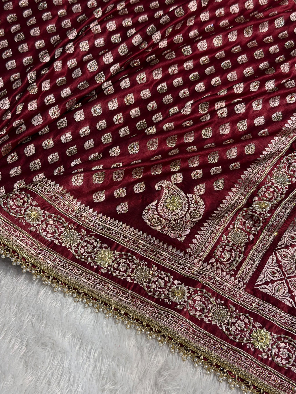 Bridal Banarasi Mashru Satin Silk Saree with Ari Pearl Work & Gotta Patti Work Booti Pattern in Chocolate Shades BMSKGP09