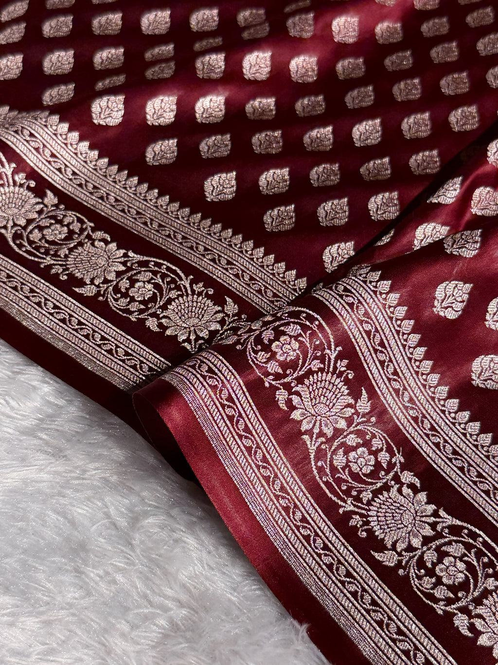Banarasi Mashru Satin Silk Saree Booti Pattern Garnet Shades MSK16
