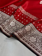 Banarasi Satin Katan Silk Saree Minakari Boota Pattern in Red with Black Shades SK09