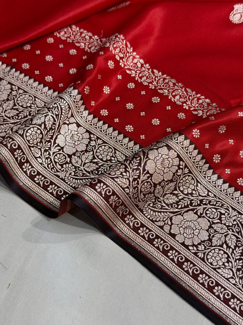 Banarasi Satin Katan Silk Saree Minakari Boota Pattern in Red with Black Shades SK09