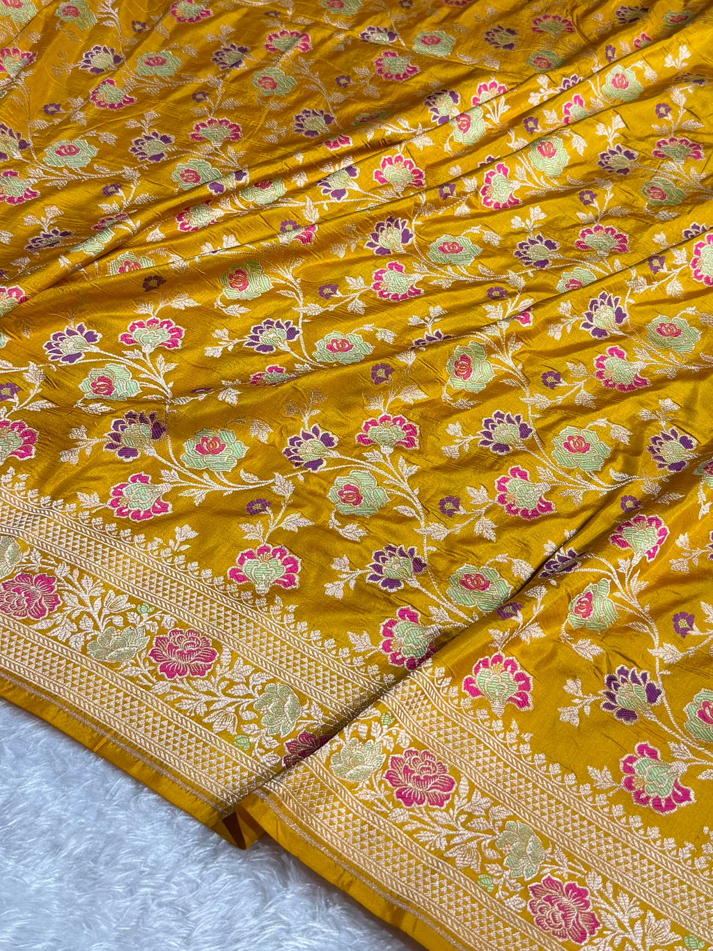 Banarasi Pure Katan Silk Saree with Minakari Jaal Pattern in Mustard Gold Shades Shades PKM04