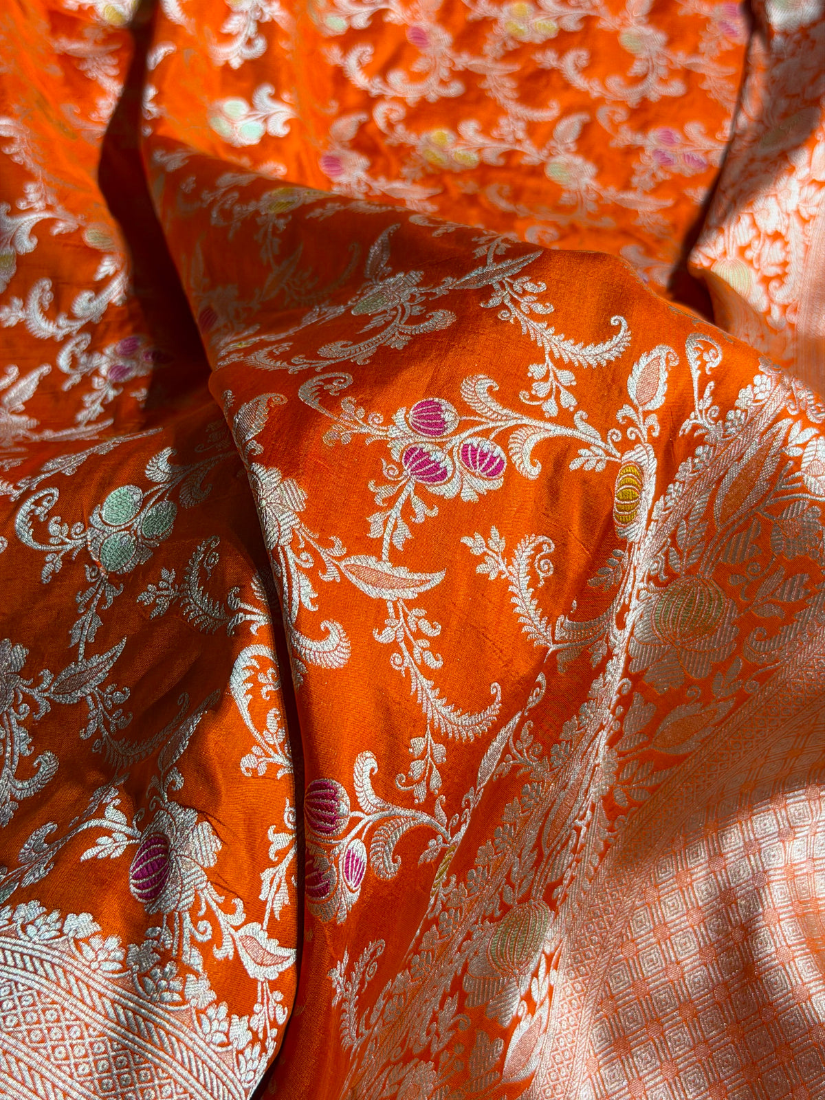 Banarasi Pure Katan Silk Saree with Minakari Jaal Pattern in Orange Shades PKM11