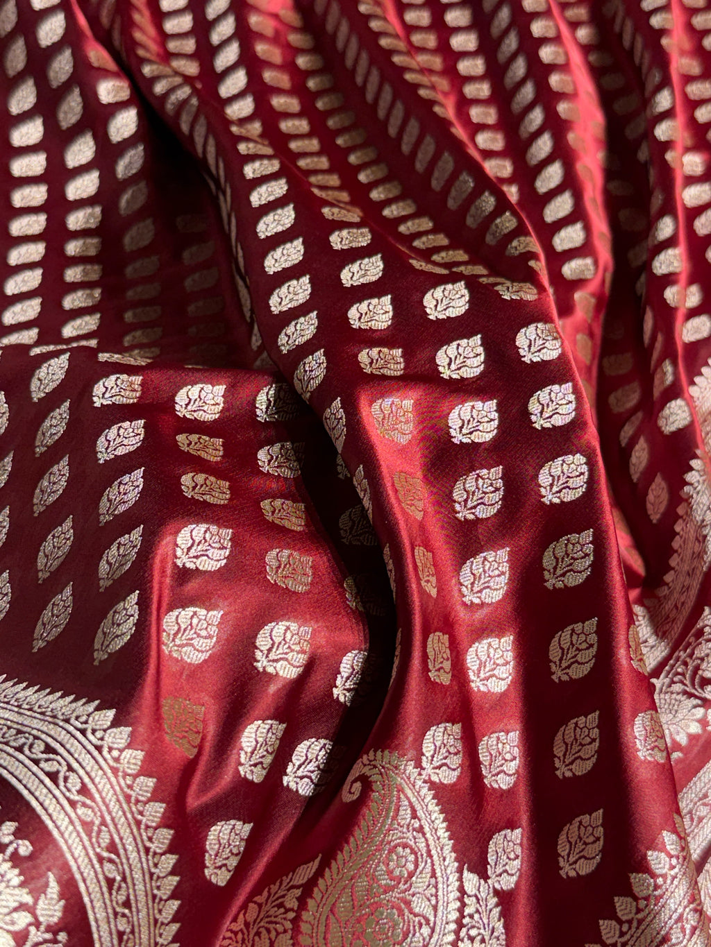 Banarasi Mashru Satin Silk Saree Booti Pattern Garnet Shades MSK16