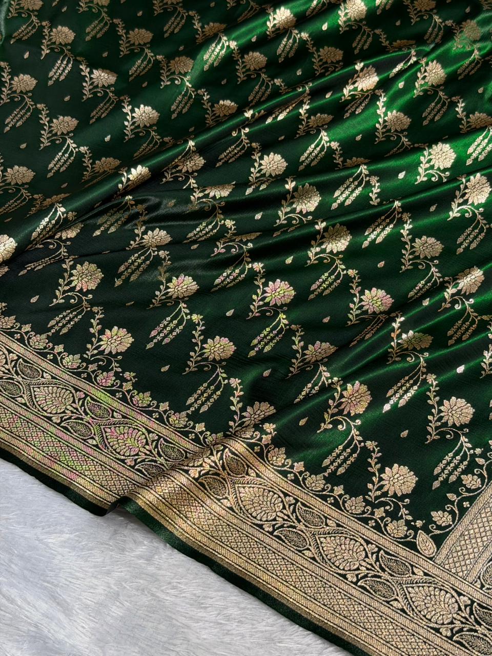 Banarasi Satin Silk Saree Cross Pattern in Bottle Green Shades SS08