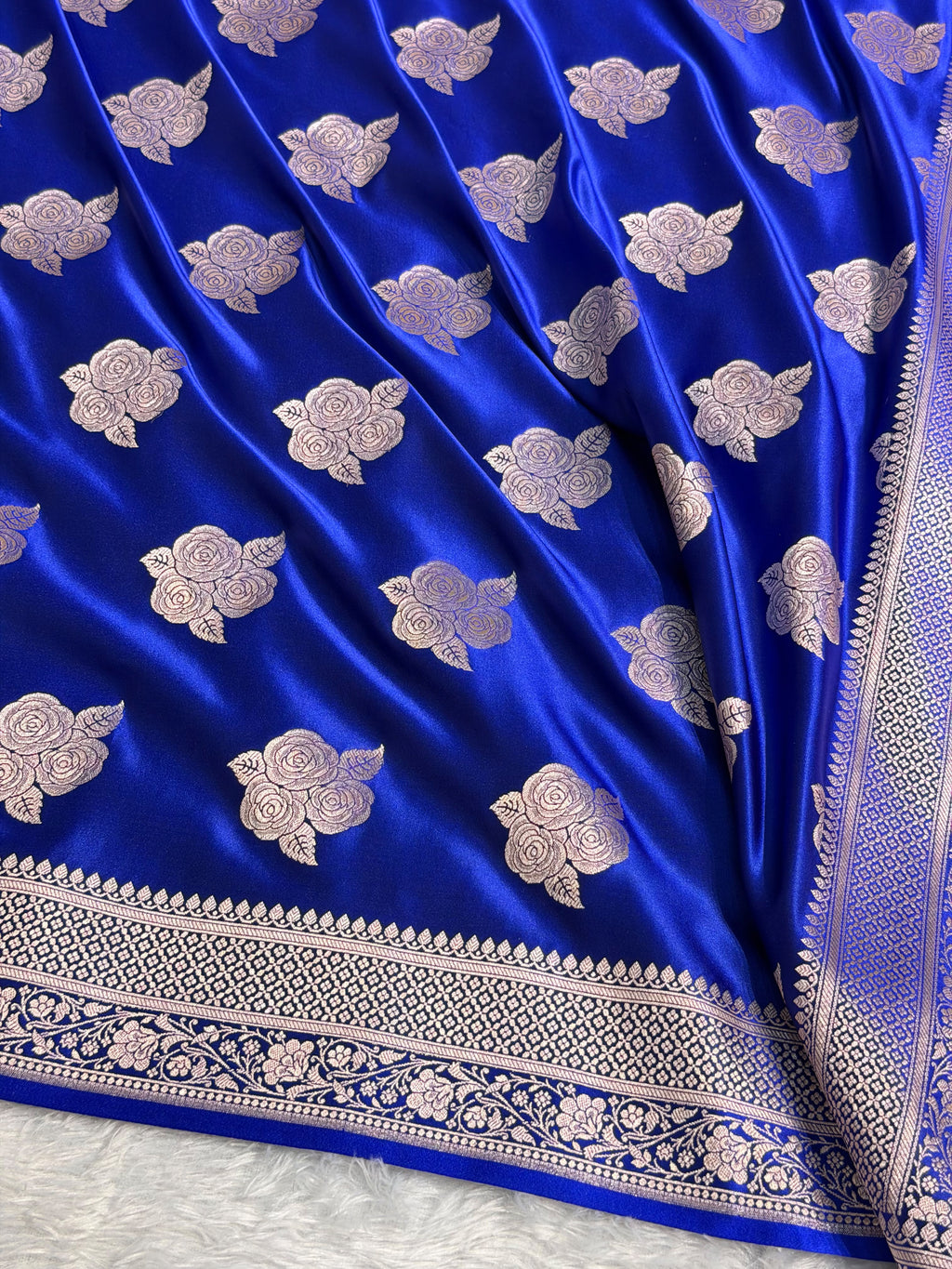 Banarasi Mashru Satin Silk Saree Boota Pattern Royal Blue Shades MSK15