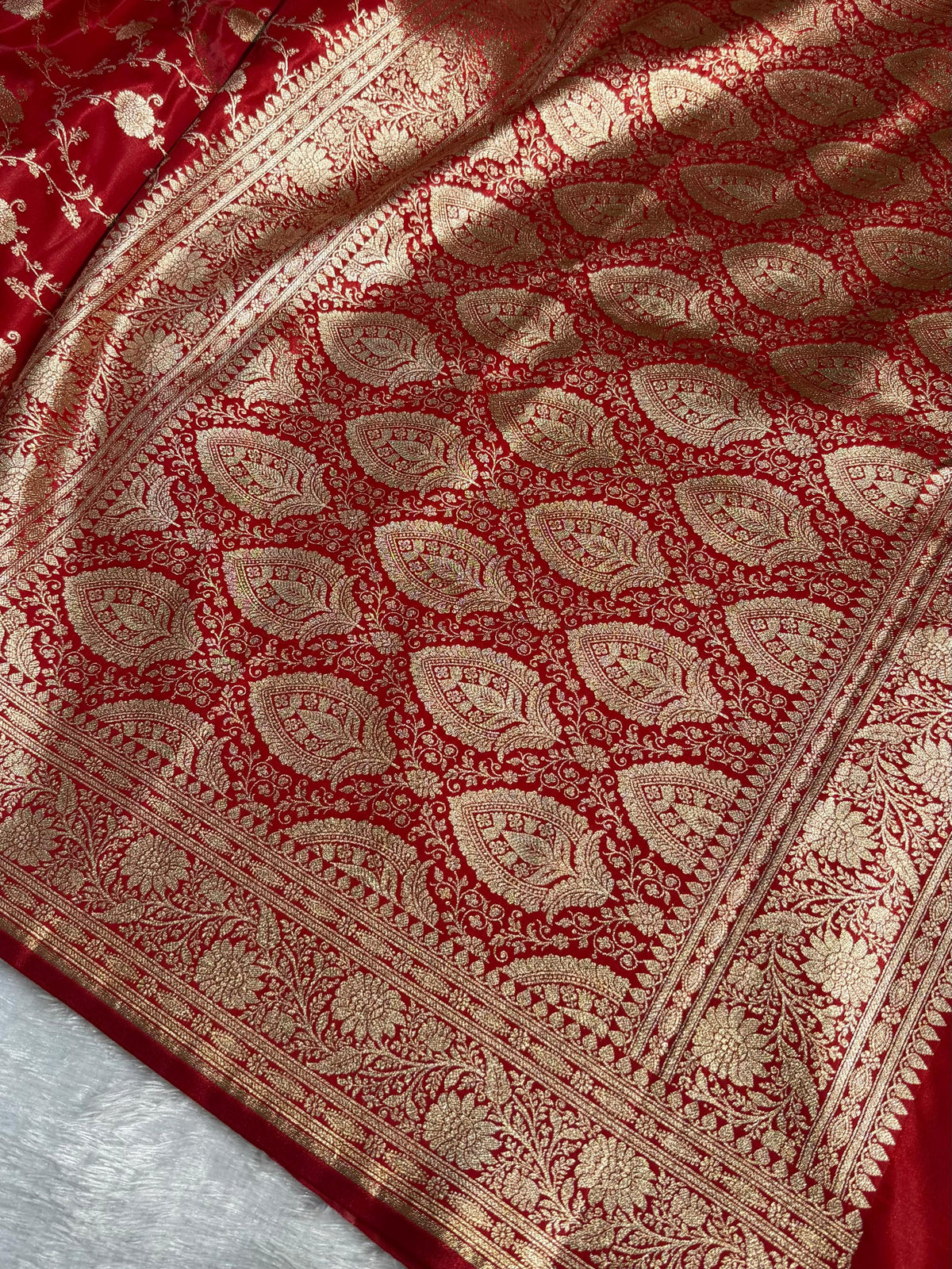 Banarasi Satin Silk Saree Jaal Pattern in Red Shades SS06