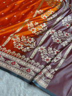 Banarasi Mashru Satin Silk Saree Booti Pattern In Orange with Turquoise Shades MSK40