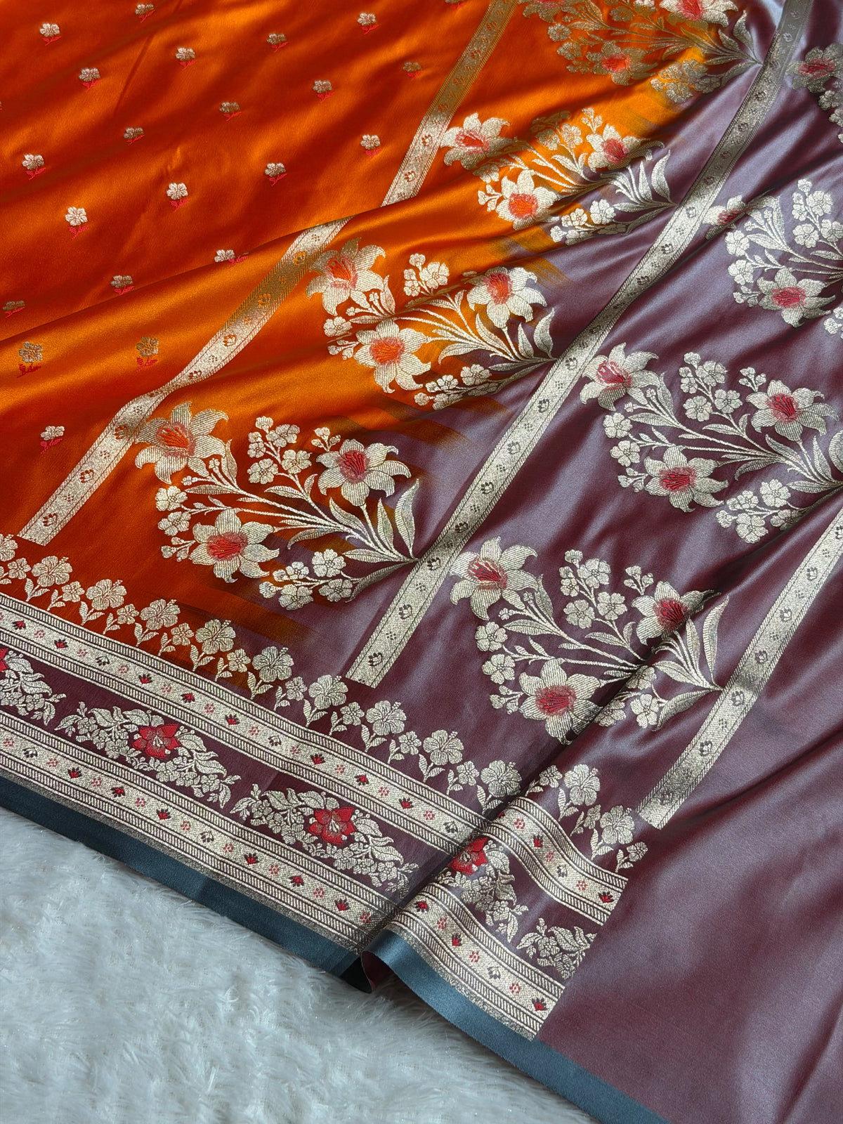 Banarasi Mashru Satin Silk Saree Booti Pattern In Orange with Turquoise Shades MSK40