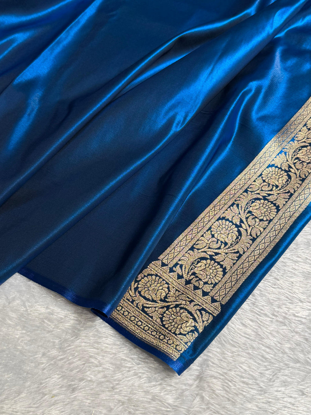 Banarasi Satin Silk Saree Jaal Pattern in German Blue Shades SS04