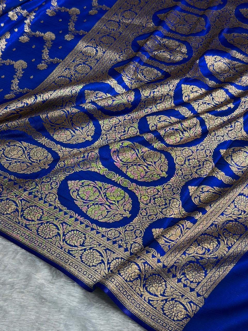 Banarasi Satin Silk Saree Cross Pattern in Royal Blue Shades SS07