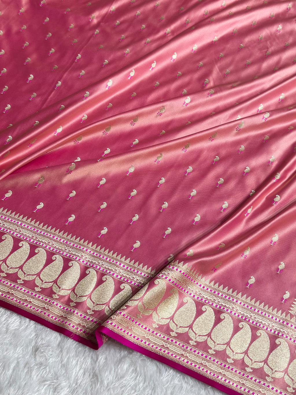 Banarasi Mashru Satin Silk Saree Minakari Booti Pattern Blush Peach Shades MSK29
