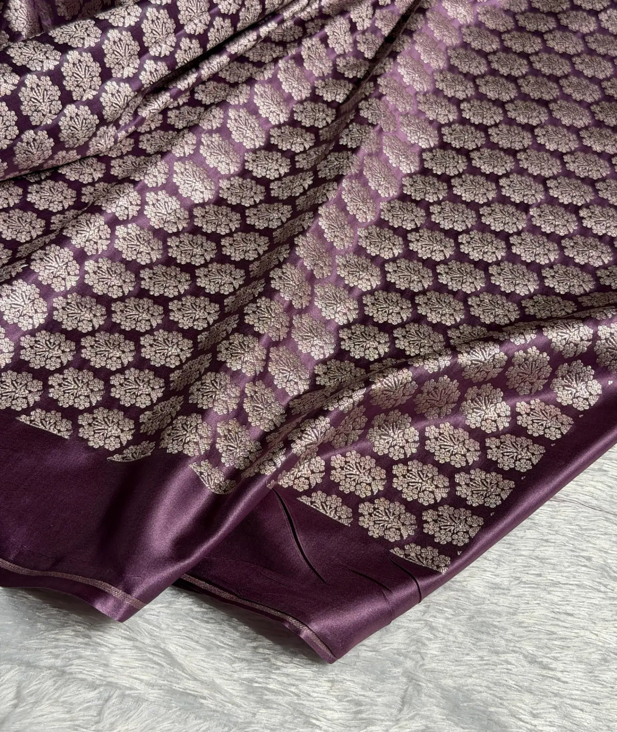 Banarasi Mashru Satin Silk Saree Floral Plain Body Mina Pattern In Royal Purple Shades MSC06