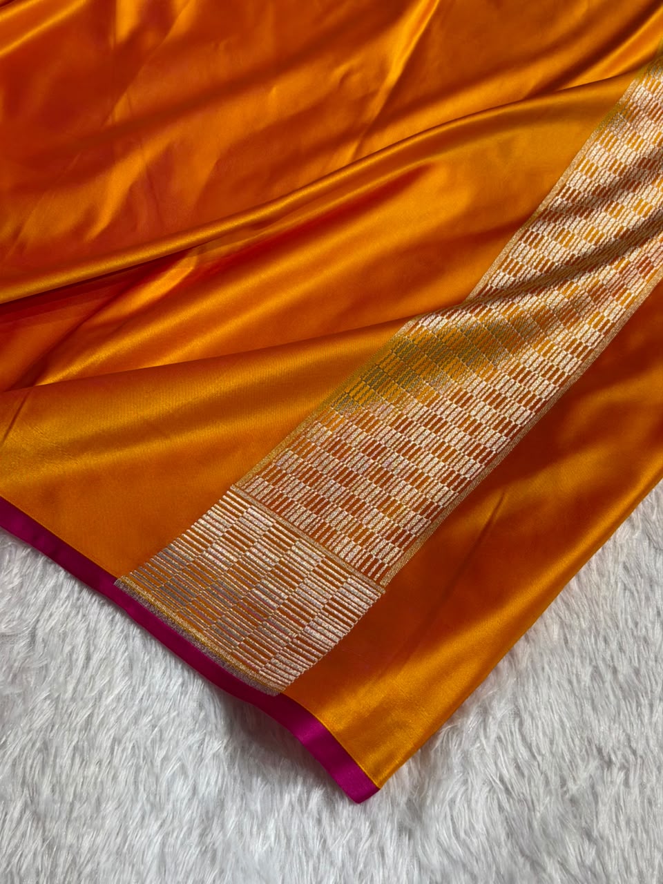 Banarasi Mashru Satin Silk Saree Tanchoi Pattern Pinkish Orange Shades MSK33