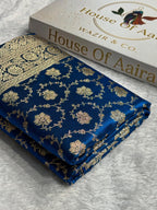 Banarasi Satin Silk Saree Jaal Pattern in German Blue Shades SS04