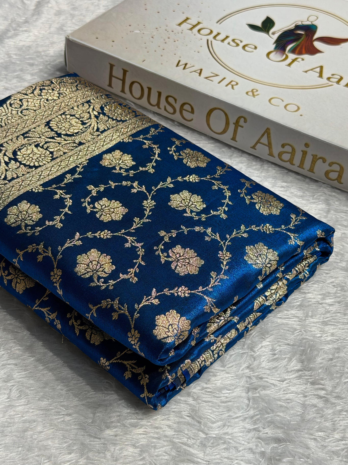 Banarasi Satin Silk Saree Jaal Pattern in German Blue Shades SS04
