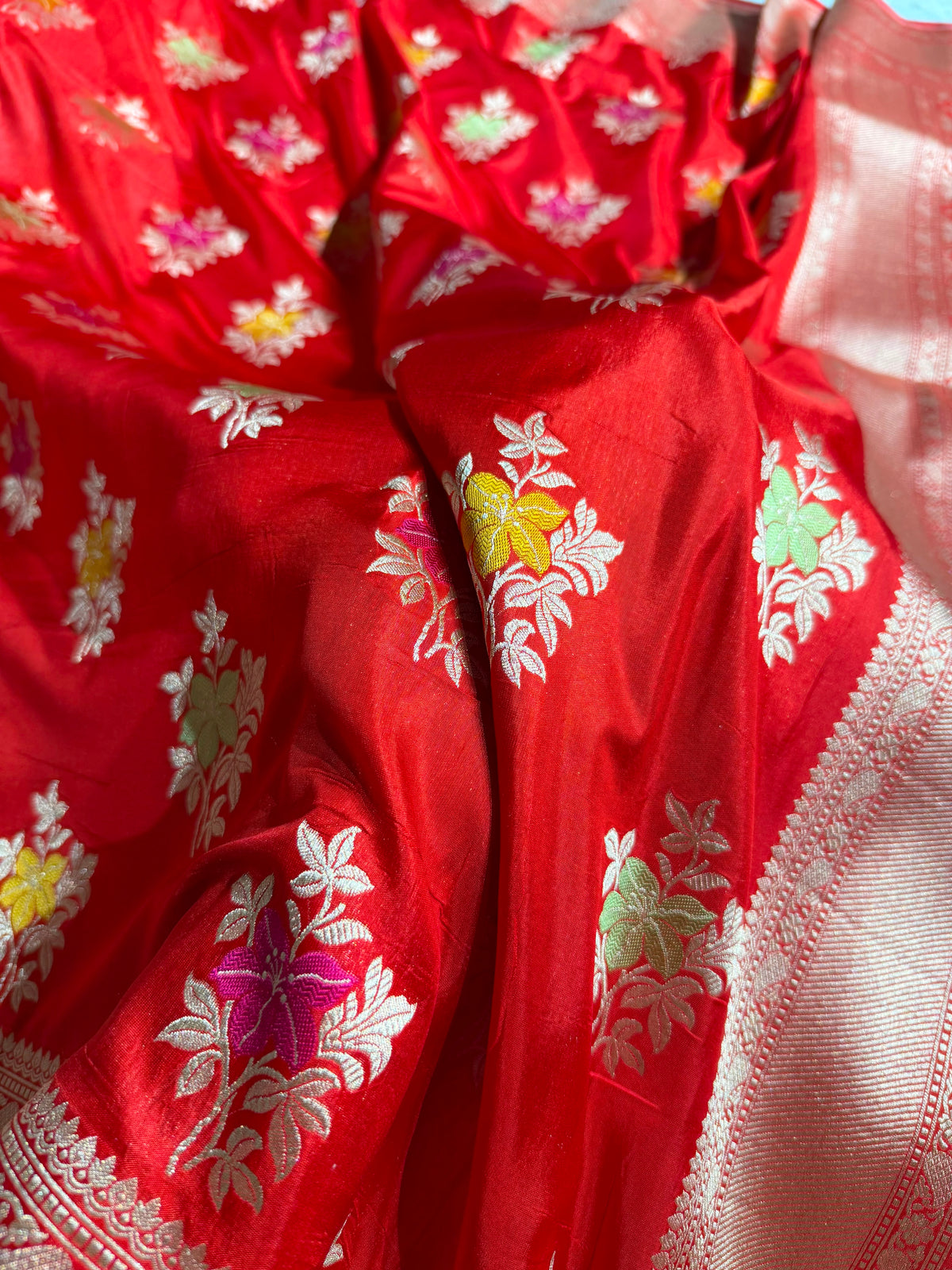 Banarasi Pure Katan Silk Saree with Minakari Boota Pattern in Red Shades PKM10