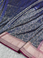 Banarasi Satin Katan Silk Saree Brocade Pattern in Contrast Navy Blue with Rani Shades SK12