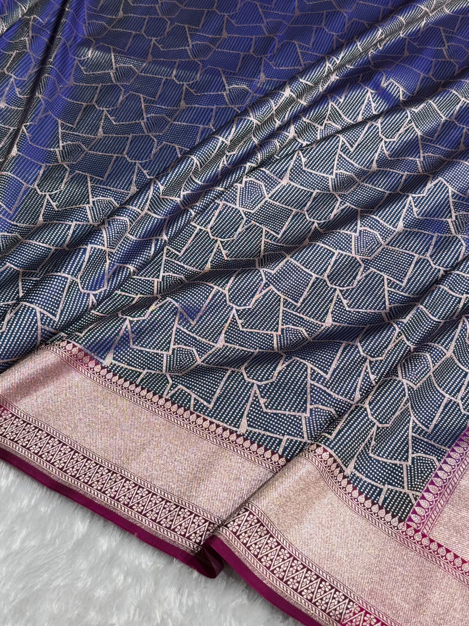 Banarasi Satin Katan Silk Saree Brocade Pattern in Contrast Navy Blue with Rani Shades SK12