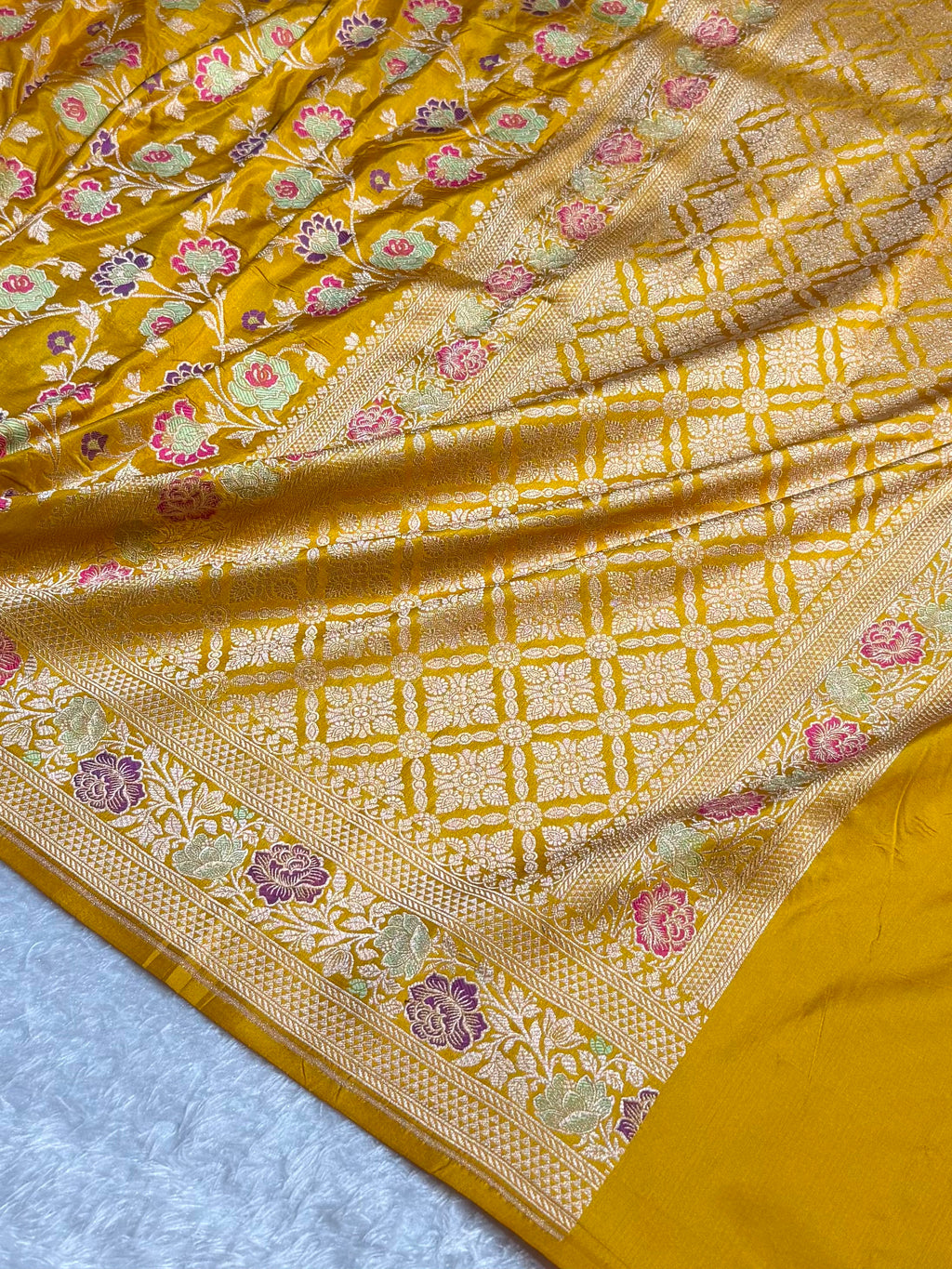 Banarasi Pure Katan Silk Saree with Minakari Jaal Pattern in Mustard Gold Shades Shades PKM04