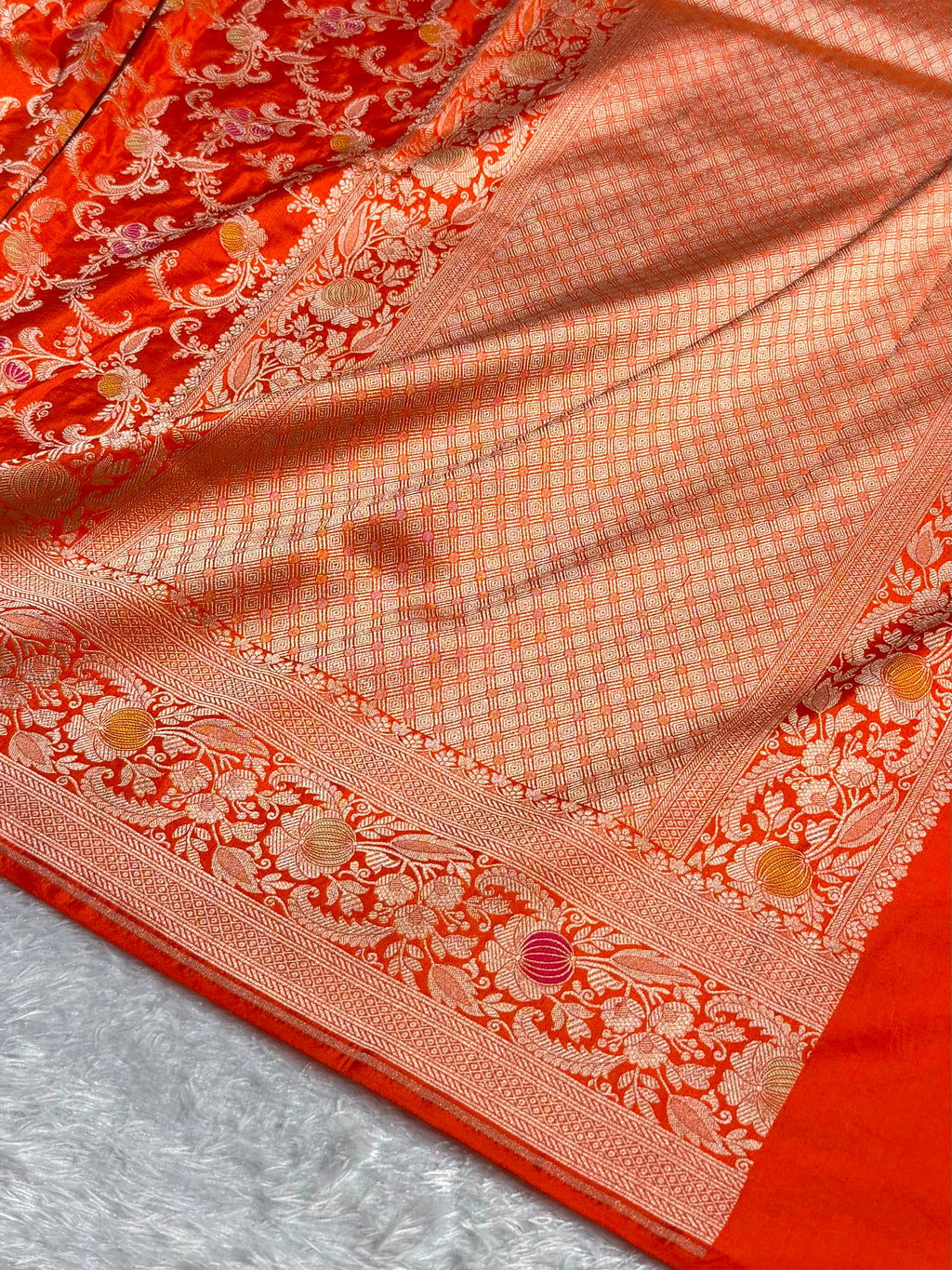 Banarasi Pure Katan Silk Saree with Minakari Jaal Pattern in Orange Shades PKM11