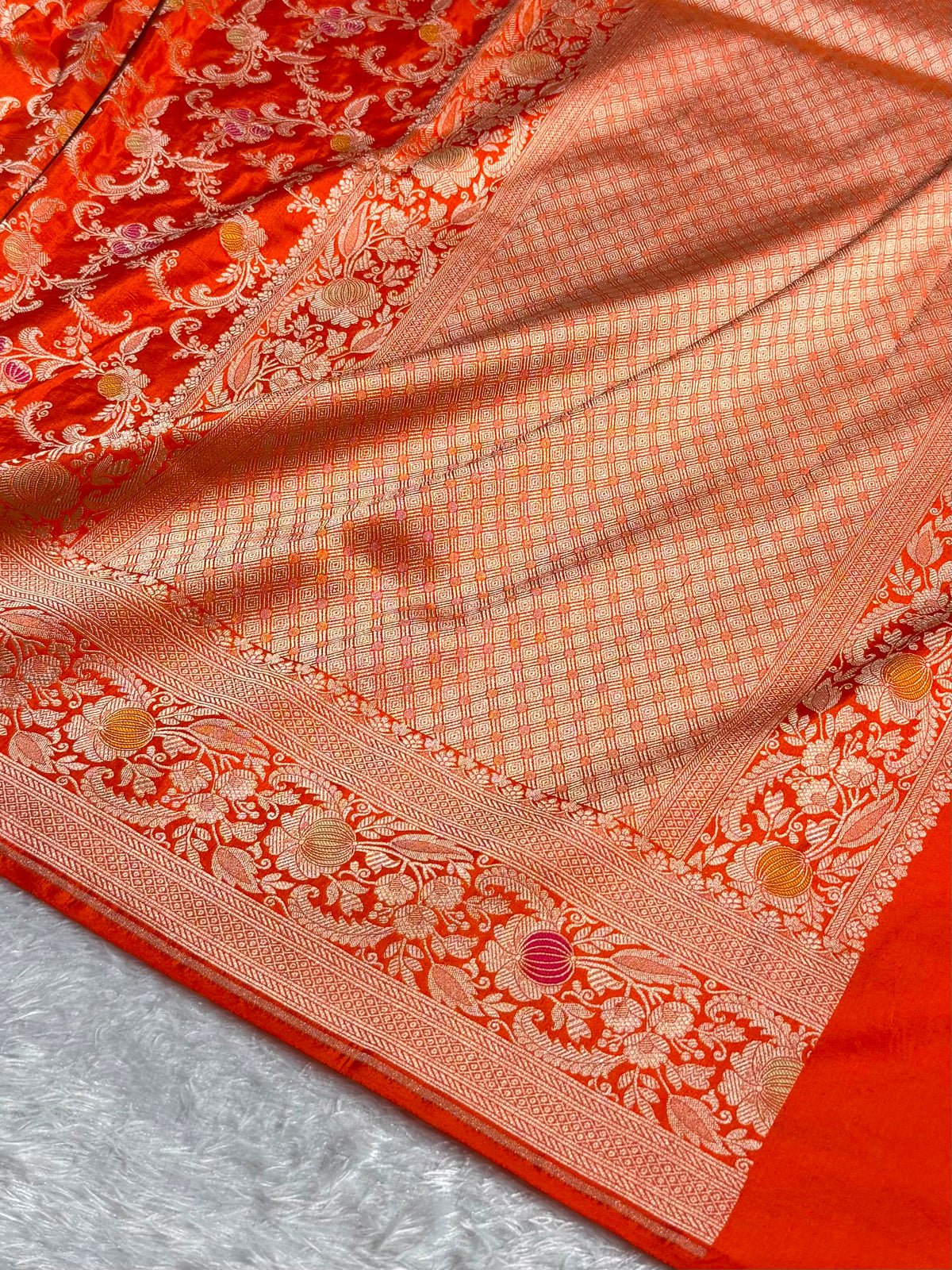 Banarasi Pure Katan Silk Saree with Minakari Jaal Pattern in Orange Shades PKM11