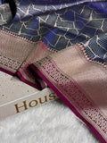 Banarasi Satin Katan Silk Saree Brocade Pattern in Contrast Navy Blue with Rani Shades SK12