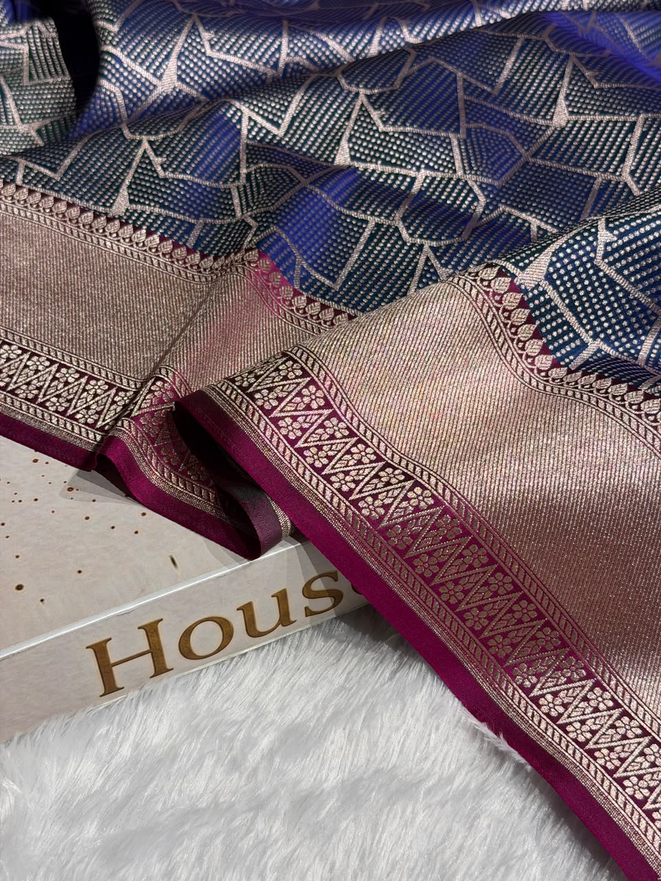 Banarasi Satin Katan Silk Saree Brocade Pattern in Contrast Navy Blue with Rani Shades SK12